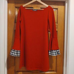 Red Dress, flared sleeves, black gingham, party dress by Basically, made in USA